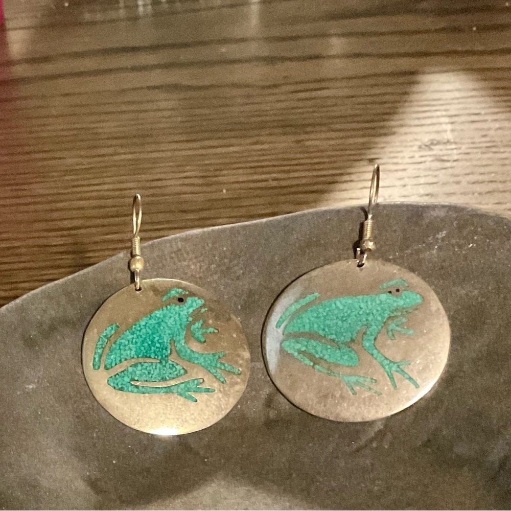 Vintage Sterling Silver Earrings with Turquoise Frog Accents